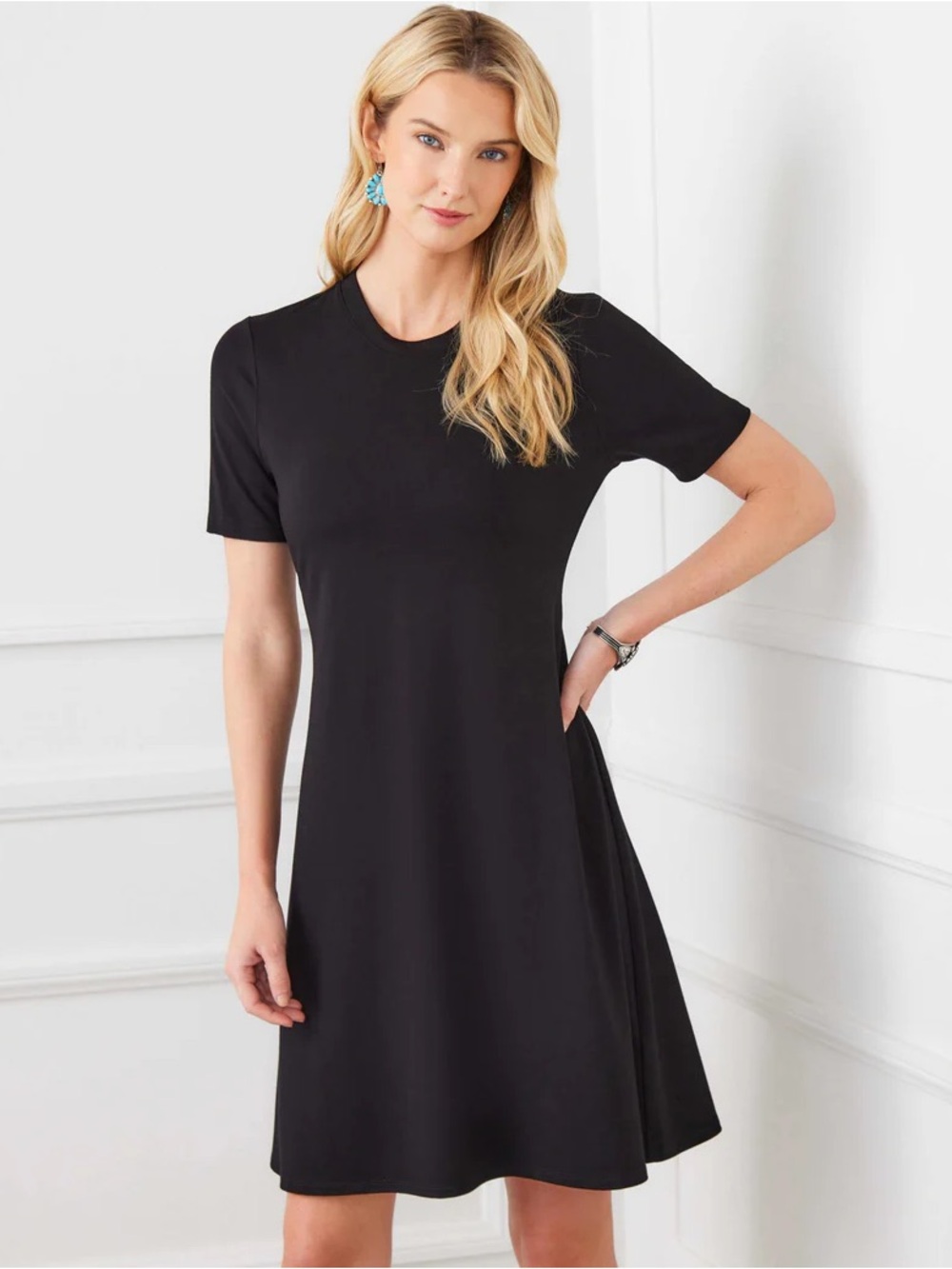Three Dots Black Short-Sleeve A-Line Mini Dress (M)